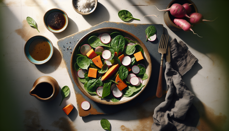 Sweet Potato and Radish Spinach Salad with Maple Balsamic Vinaigrette