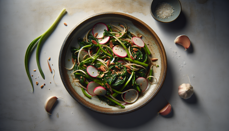 Spiced Radish and Komatsuna Stir-Fry with Garlic Scapes