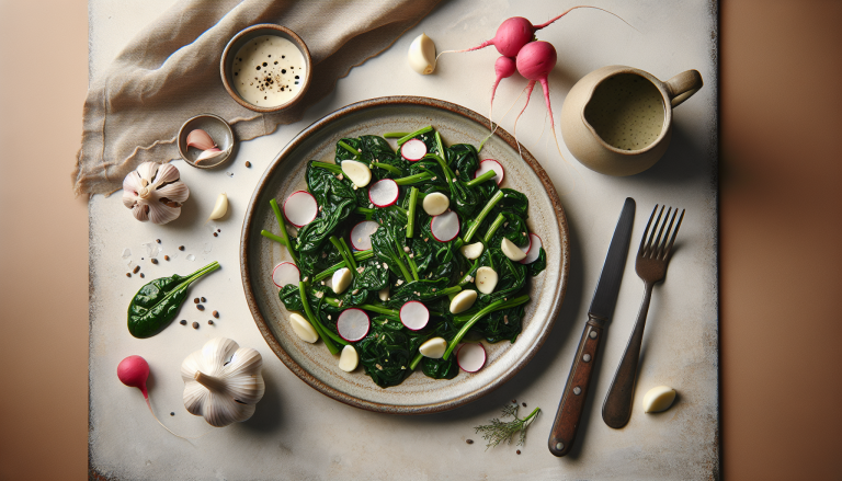 Sautéed Spinach and Garlic Scapes with Radish Garnish