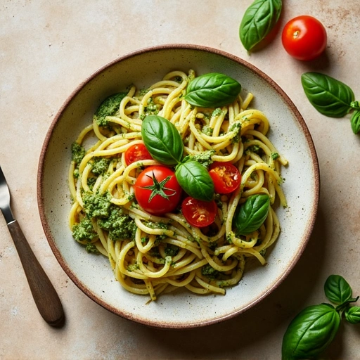 Basil Pesto Pasta with Cherry Tomatoes