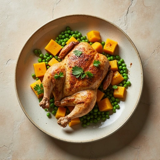 Roasted Chicken with Squash and Peas