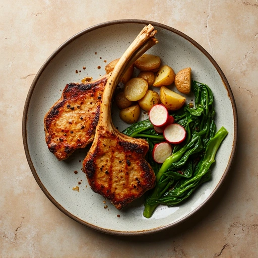 Grilled Pork Chops with Roasted Potatoes and Sautéed Bok Choi & Radishes