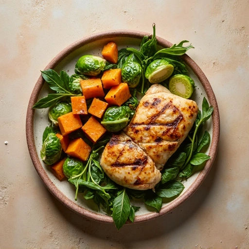 Grilled Chicken with Sweet Potato and Brussels Sprouts Salad