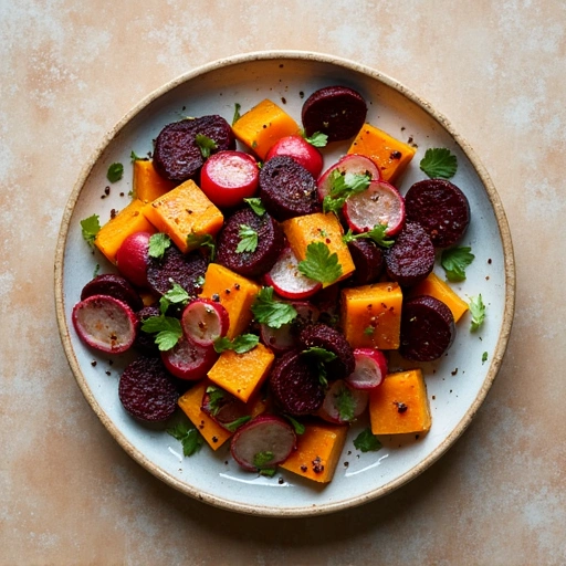 Roasted Beet, Radish, and Sweet Potato Salad with Balsamic Glaze