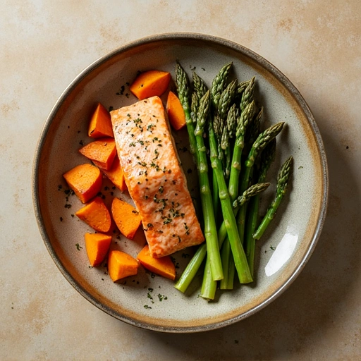 Baked Salmon with Asparagus and Sweet Potato