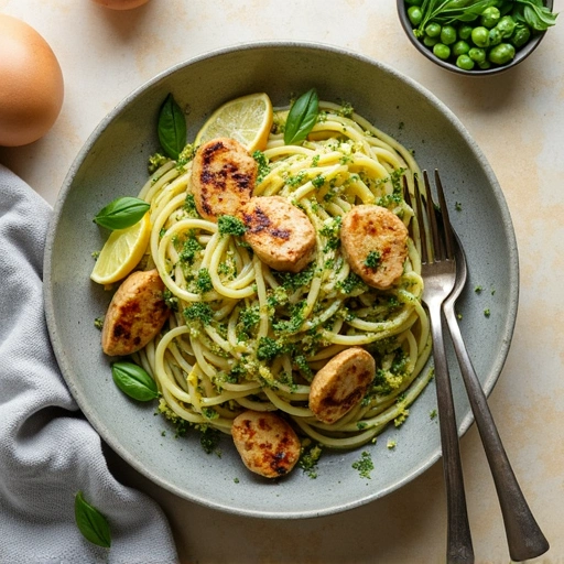 Garlic Scape Pesto Pasta with Grilled Chicken