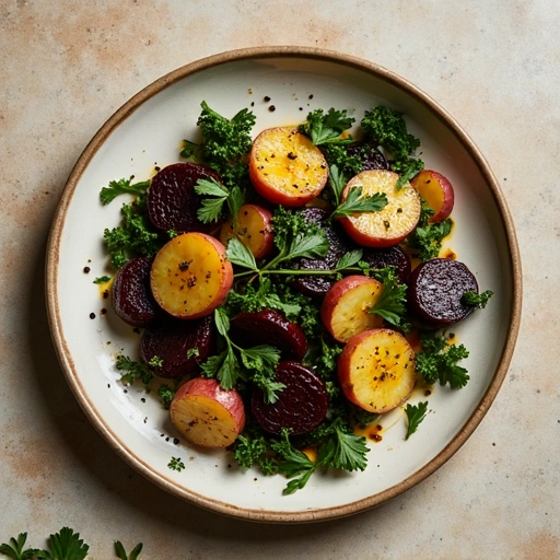 Herb-Roasted Beet and Potato Medley with Sautéed Tatsoi and Collard Greens