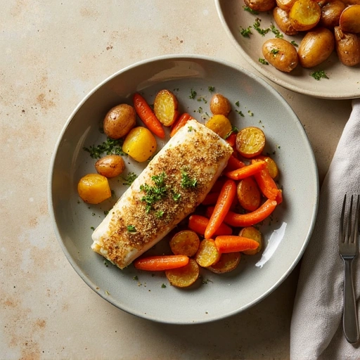 Roasted New Potatoes with Carrots and Herb-Crusted Fish