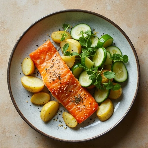 Baked Salmon with New Potatoes and Cucumber Salad