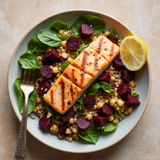 Beet and Quinoa Bowl with Grilled Fish