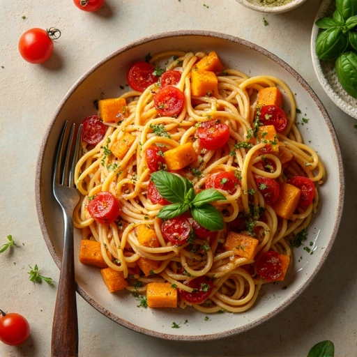 Tomato Basil Pasta with Roasted Squash