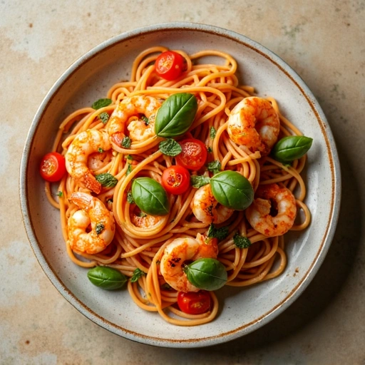 Tomato Basil Pasta with Grilled Shrimp